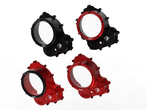 Hypermotard 698 clear clutch cover CCDV15 DBK with red or black anodized finish and transparent window.