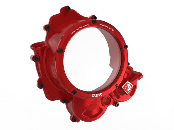 Hypermotard 698 clear clutch cover CCDV15 DBK with red anodized finish and transparent window.