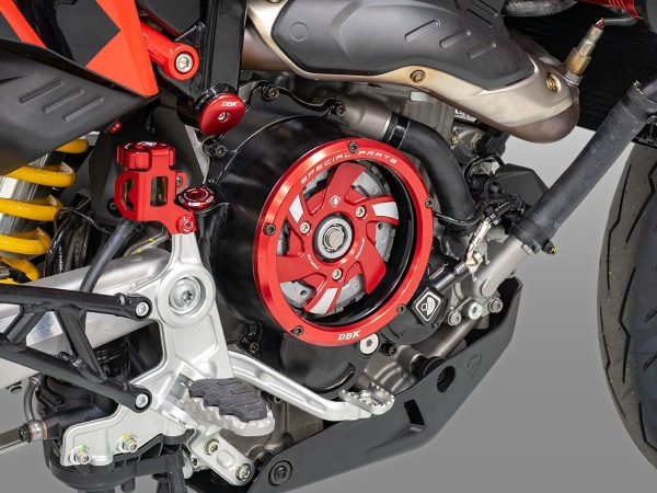 Hypermotard 698 clear clutch cover CCDV15 DBK with red or black anodized finish and transparent window.