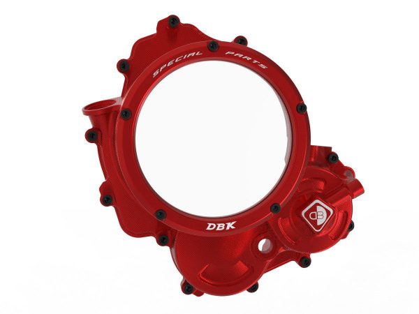 Hypermotard 698 clear clutch cover CCDV15 DBK with red anodized finish and transparent window.