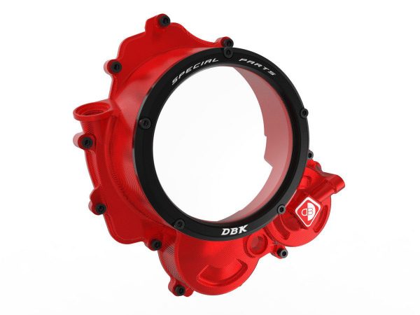 Hypermotard 698 clear clutch cover CCDV15 DBK with red and black anodized finish and transparent window.