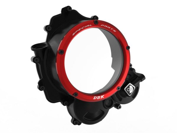 Hypermotard 698 clear clutch cover CCDV15 DBK with black and red anodized finish and transparent window.