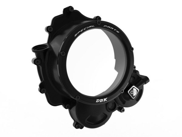 Hypermotard 698 clear clutch cover CCDV15 DBK with black anodized finish and transparent window.